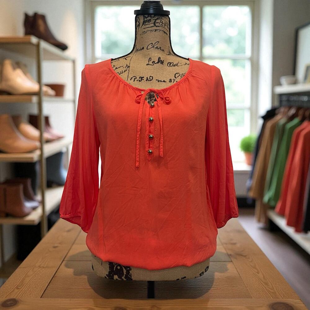 Old Navy Women's Boho Blouse S Petite Bright Coral V-Neck 3/4 Sleeve Tie Front